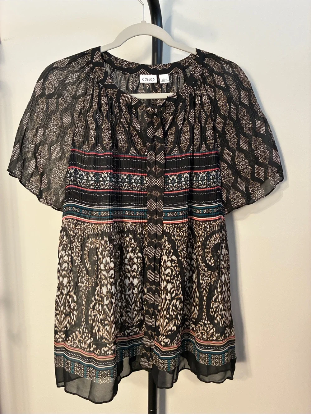 Cato Black Sheer Button-Front Boho Mixed Print Striped Paisley Blouse Tie Large